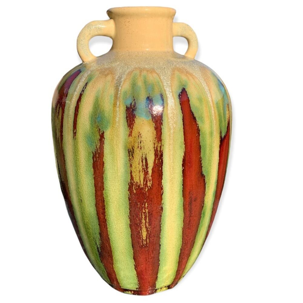 Vintage Gold Glitter Green Extra Large Drip Glaze Pottery Bud Vase